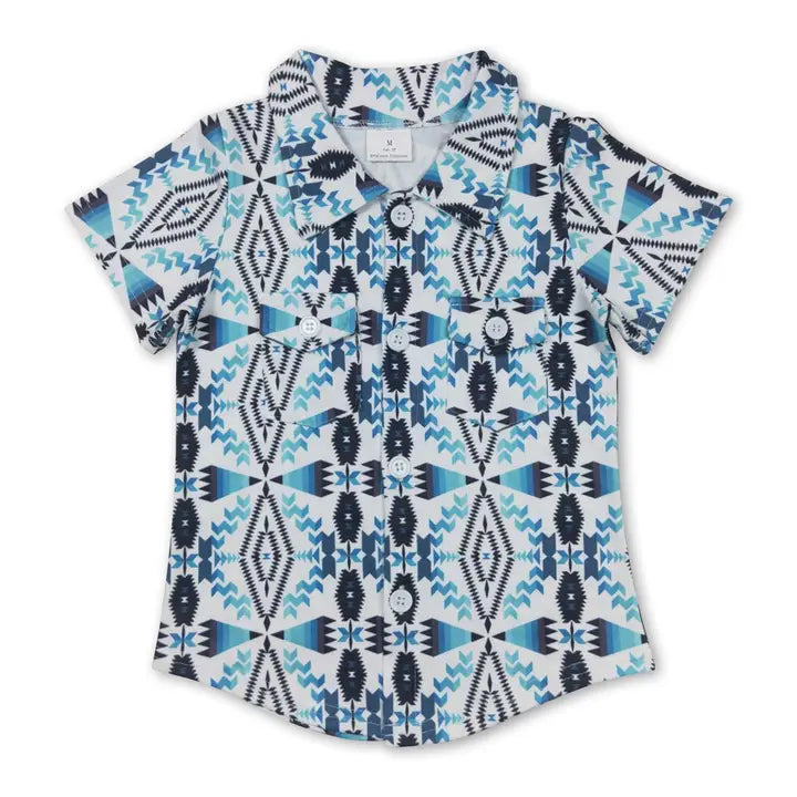 Turquoise White Aztec Baby Boy Western Button Up Shirt