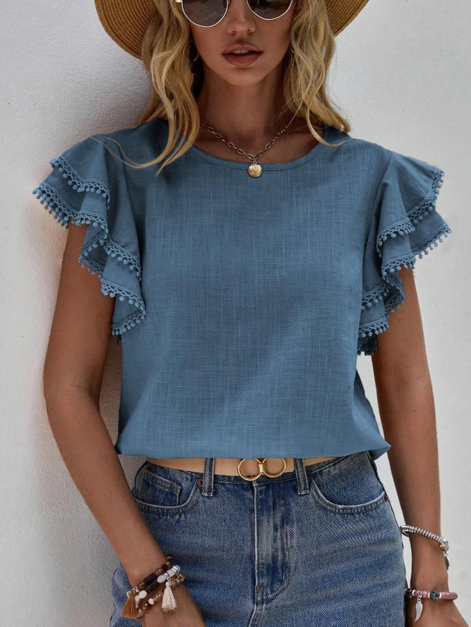 Casual Ruffle Sleeve V-Neck Blouse