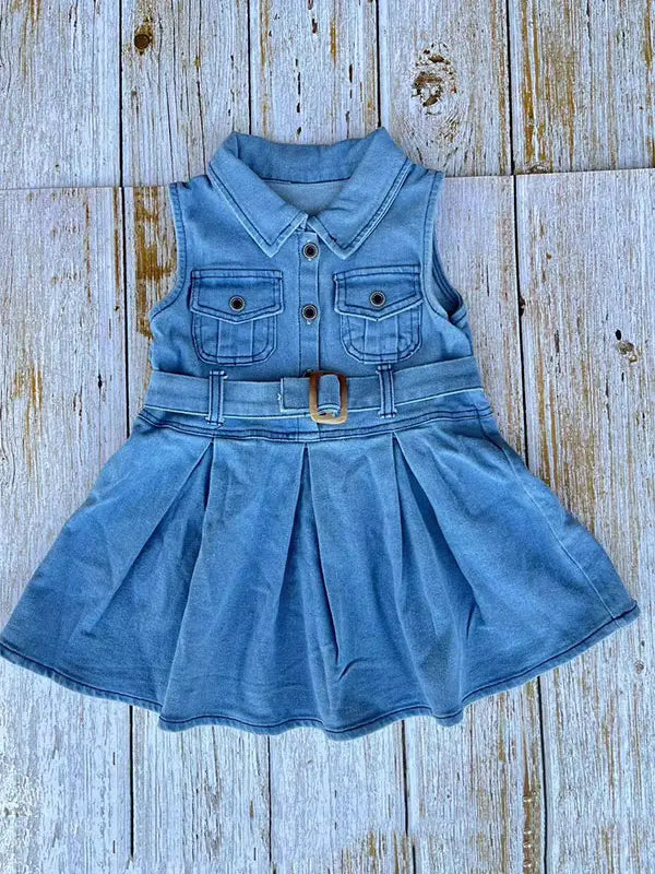 Solid Color Denim Sleeveless Pleated Girls Dress