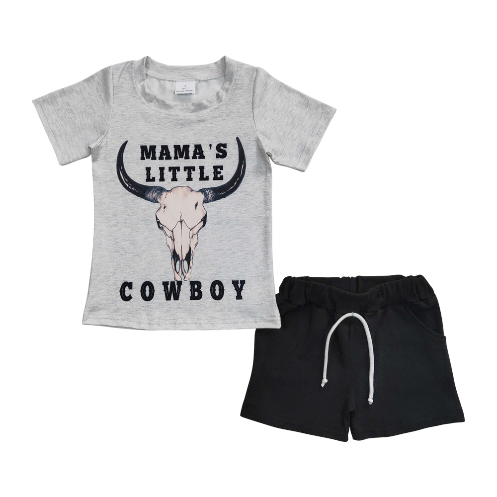 Baby boys' Mama's Little Cowboy gray graphic T-shirt with black drawstring shorts