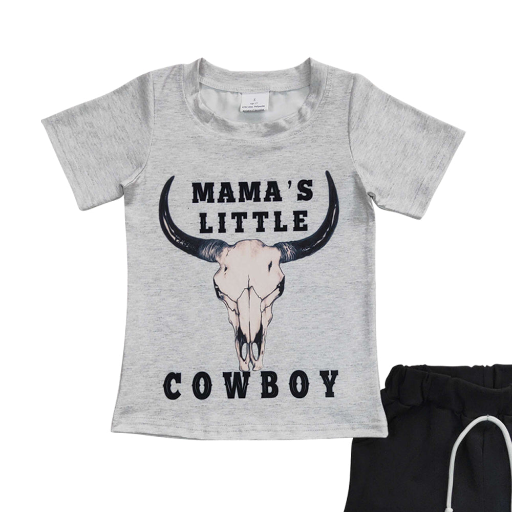Close-up of the Mama's Little Cowboy longhorn graphic T-shirt and black shorts