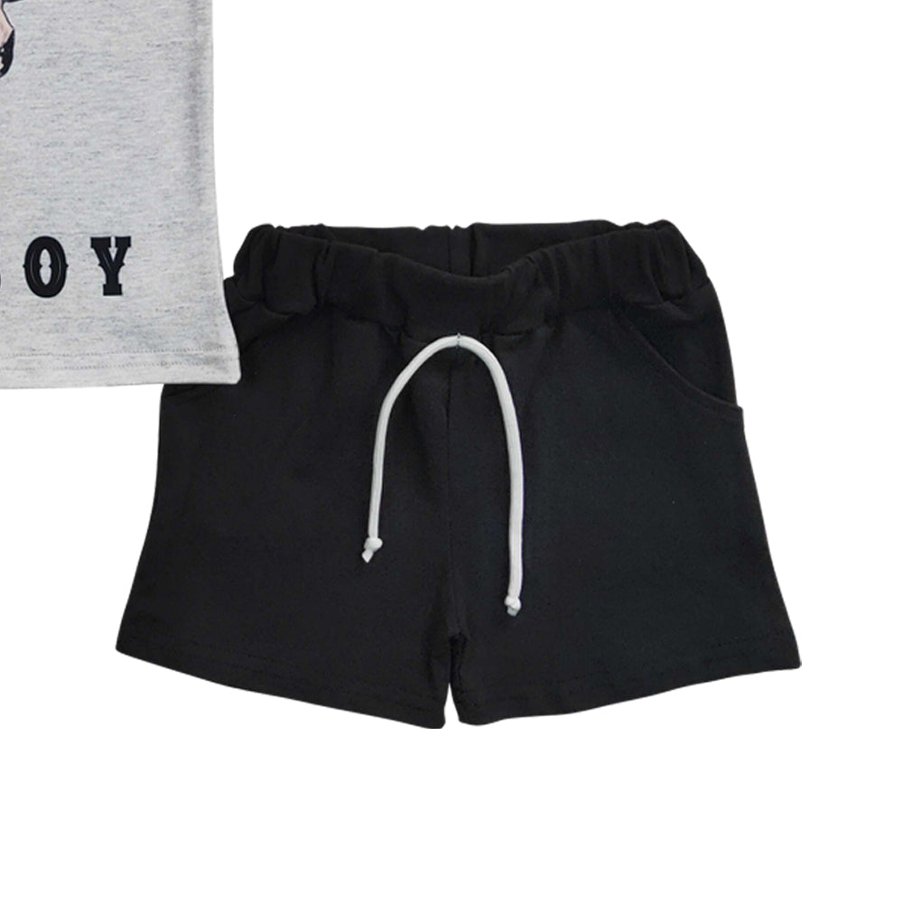 Close-up of the black drawstring shorts from the Mama's Little Cowboy set
