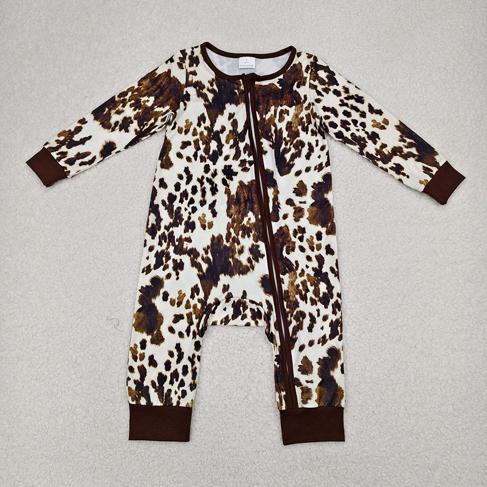 Baby girls' brown cowhide-print long-sleeve zip romper laid flat