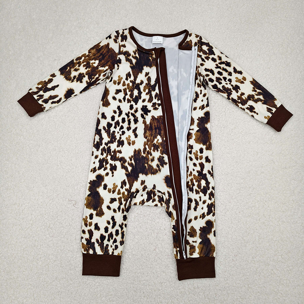 Baby girls' brown cowhide-print romper shown with the front zipper open