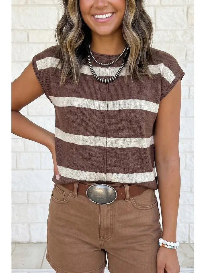 Brown Striped Short Sleeve Knit Western Sweater