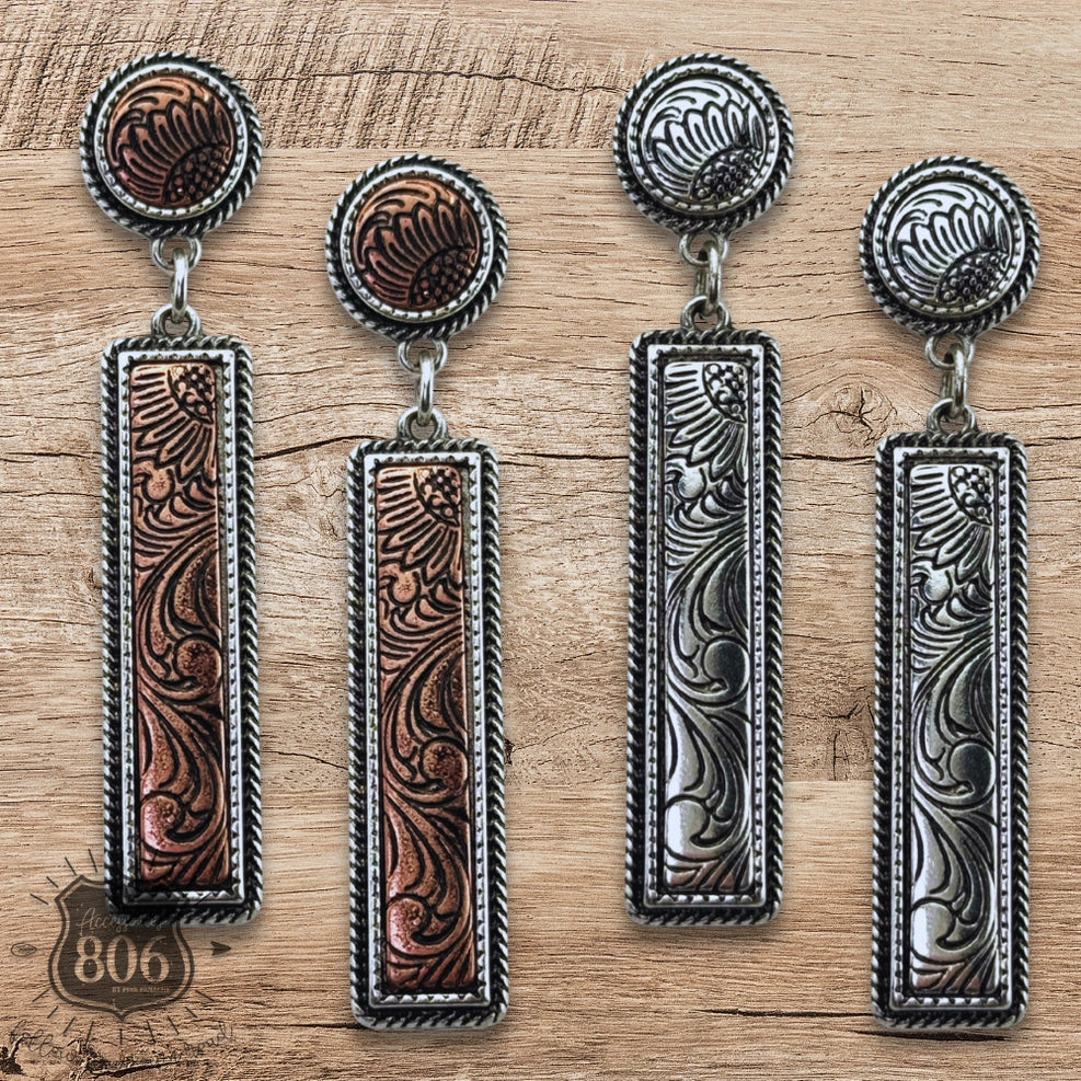 Western Tooled Look Bar Earrings Copper and Silver