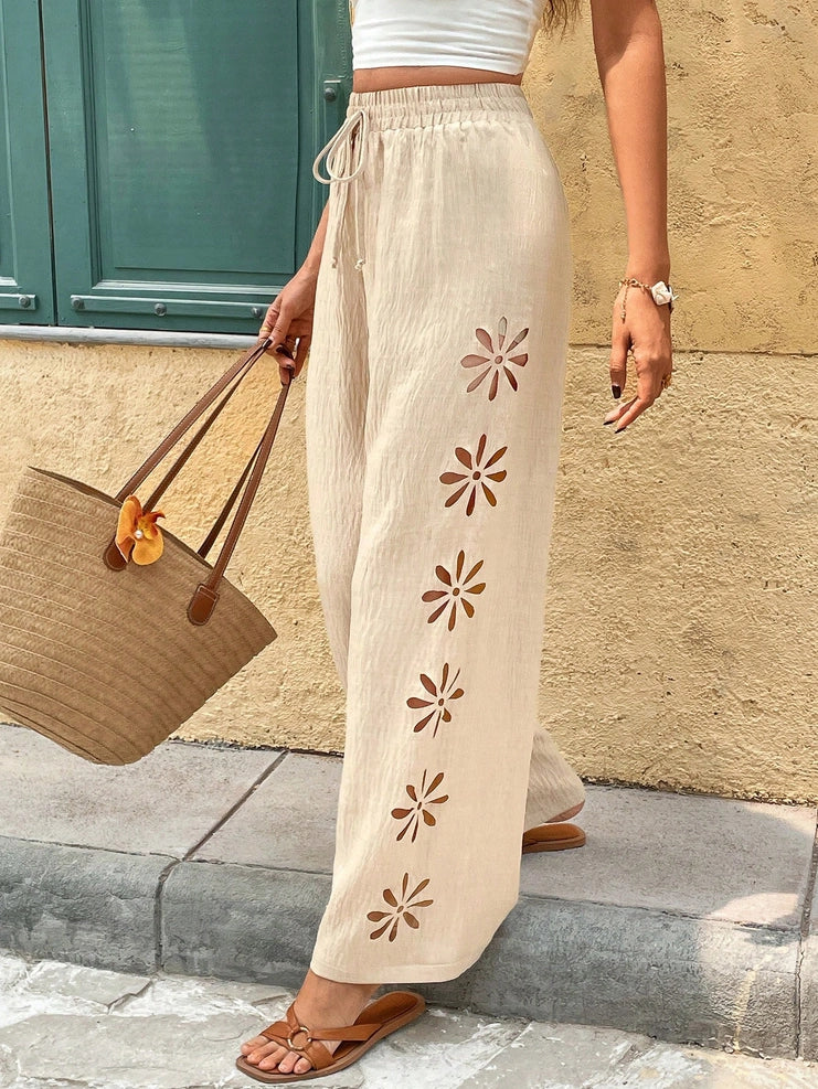 Boho Floral Cutout Drawstring Waist Wide Leg Palazzo Pants Apricot
