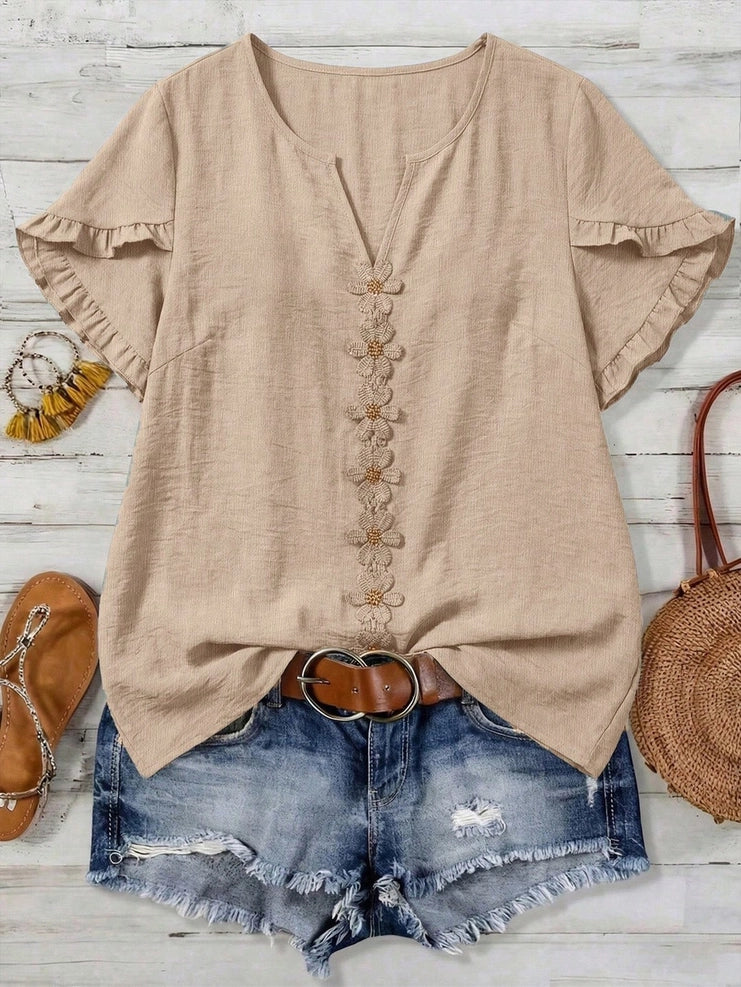 Boho Floral Embroidery V-Neck Ruffle Sleeves Shirt-Apricot