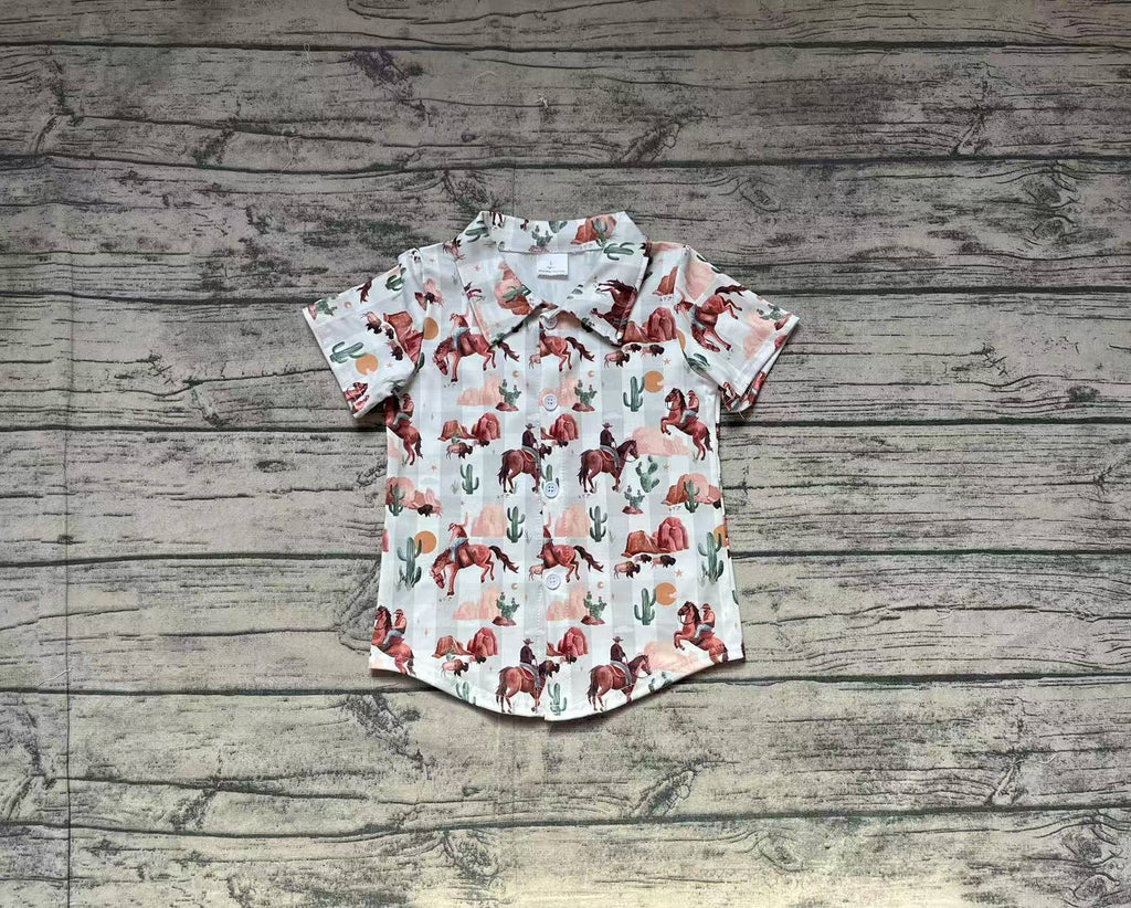 Boys' western cattle and cactus short-sleeve button-up shirt laid flat