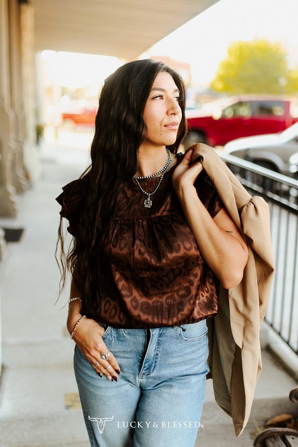 Brown Leopard Satin Pleated Shirt
