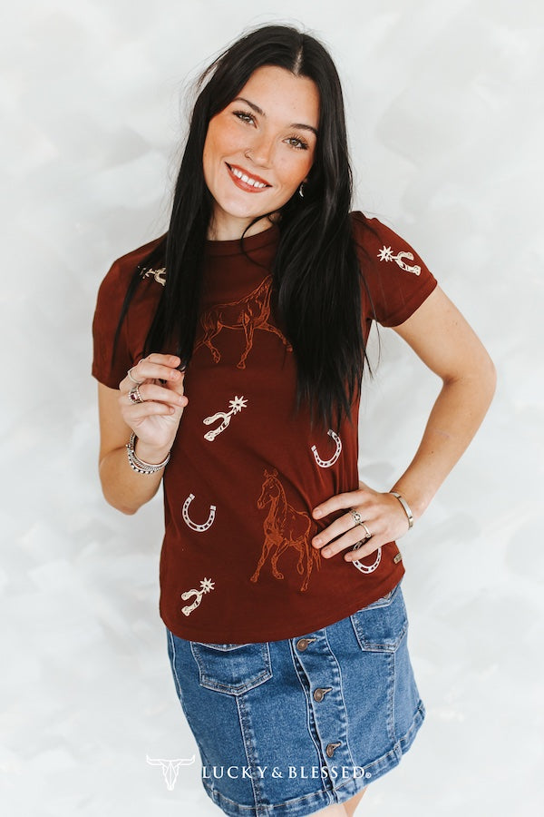 Brown Western Horseshoe Spur Embroidered Shirt