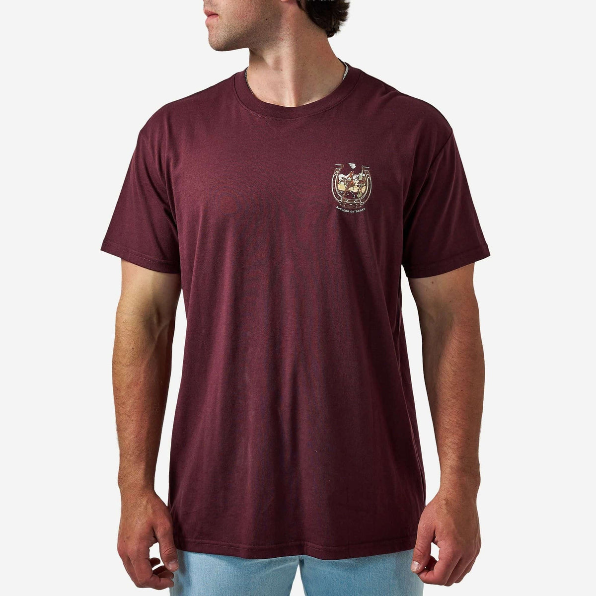 Front view of BURLEBO Horseshoe Maroon Short Sleeve Tee
