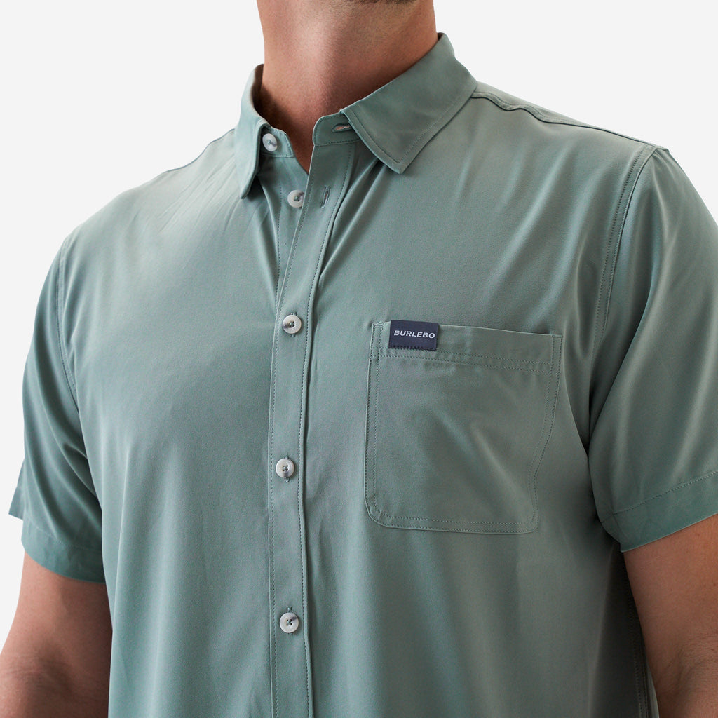 Model wearing the BURLEBO Sage performance button-up shirt