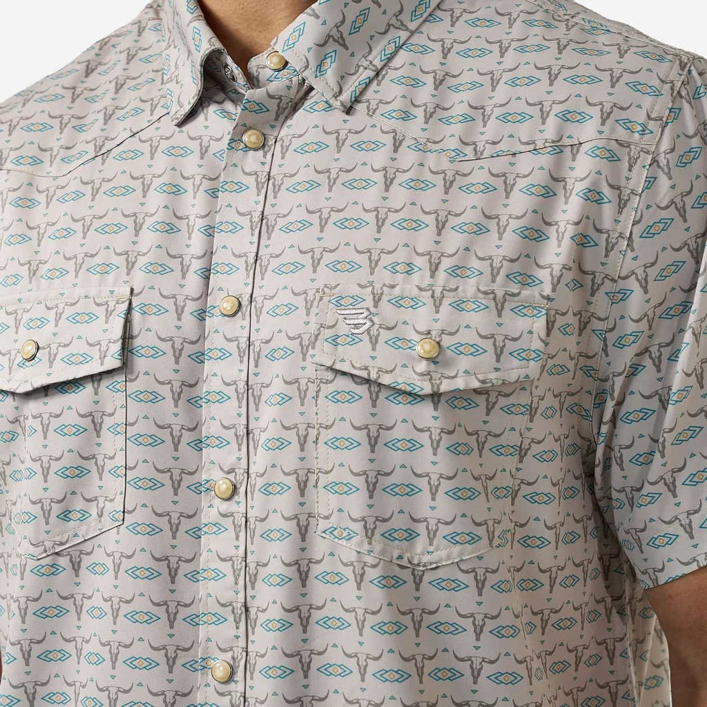 Model wearing the BURLEBO Skull Rancher performance western shirt