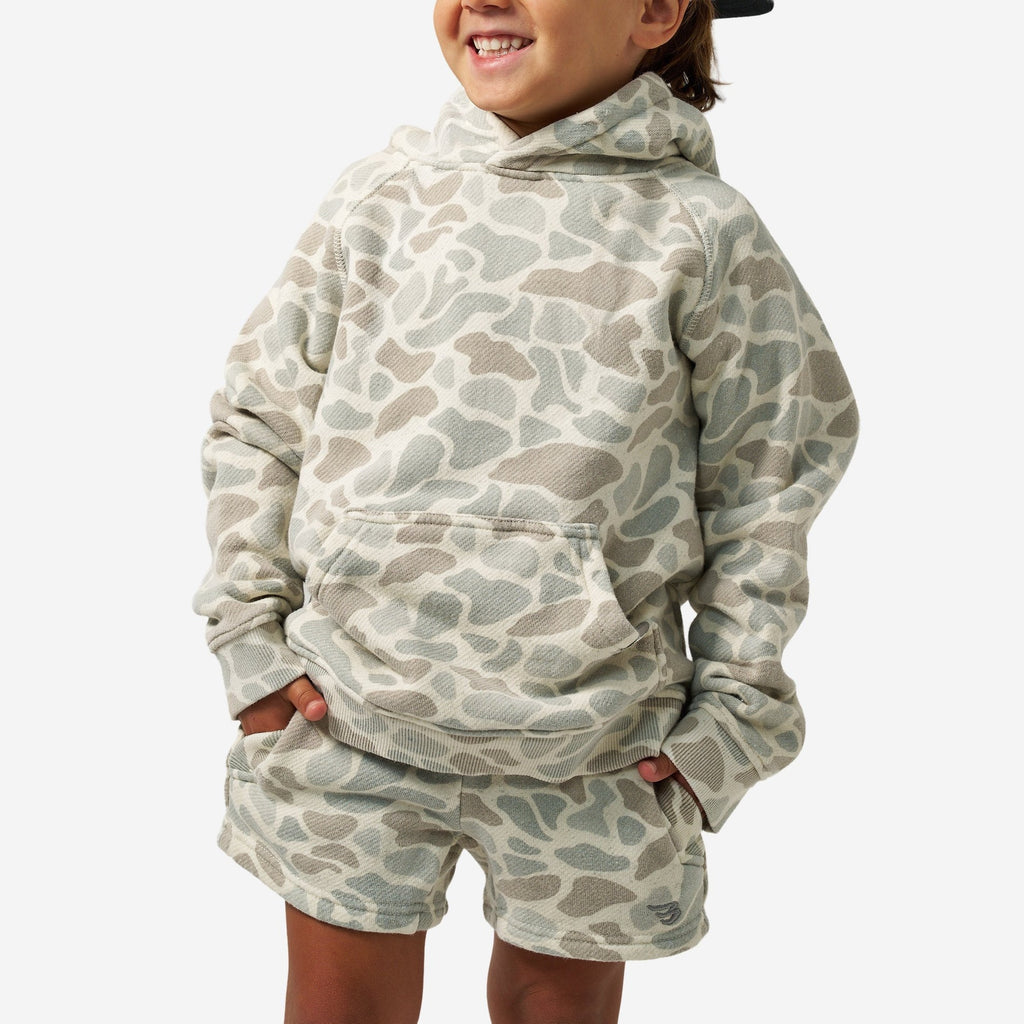 Front of BURLEBO Youth Vintage Washed Hoodie in Classic Deer Camo