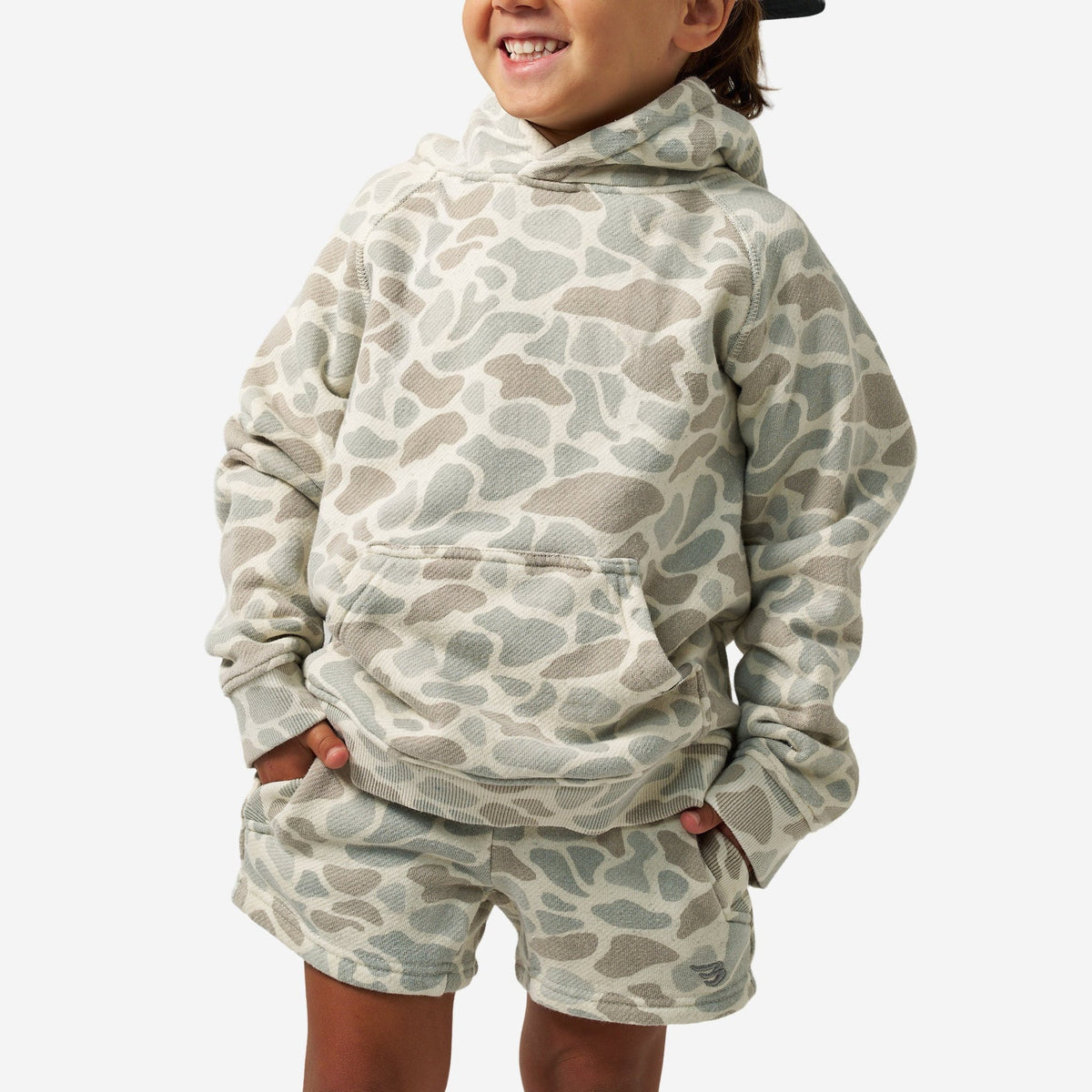 Front of BURLEBO Youth Vintage Washed Hoodie in Classic Deer Camo