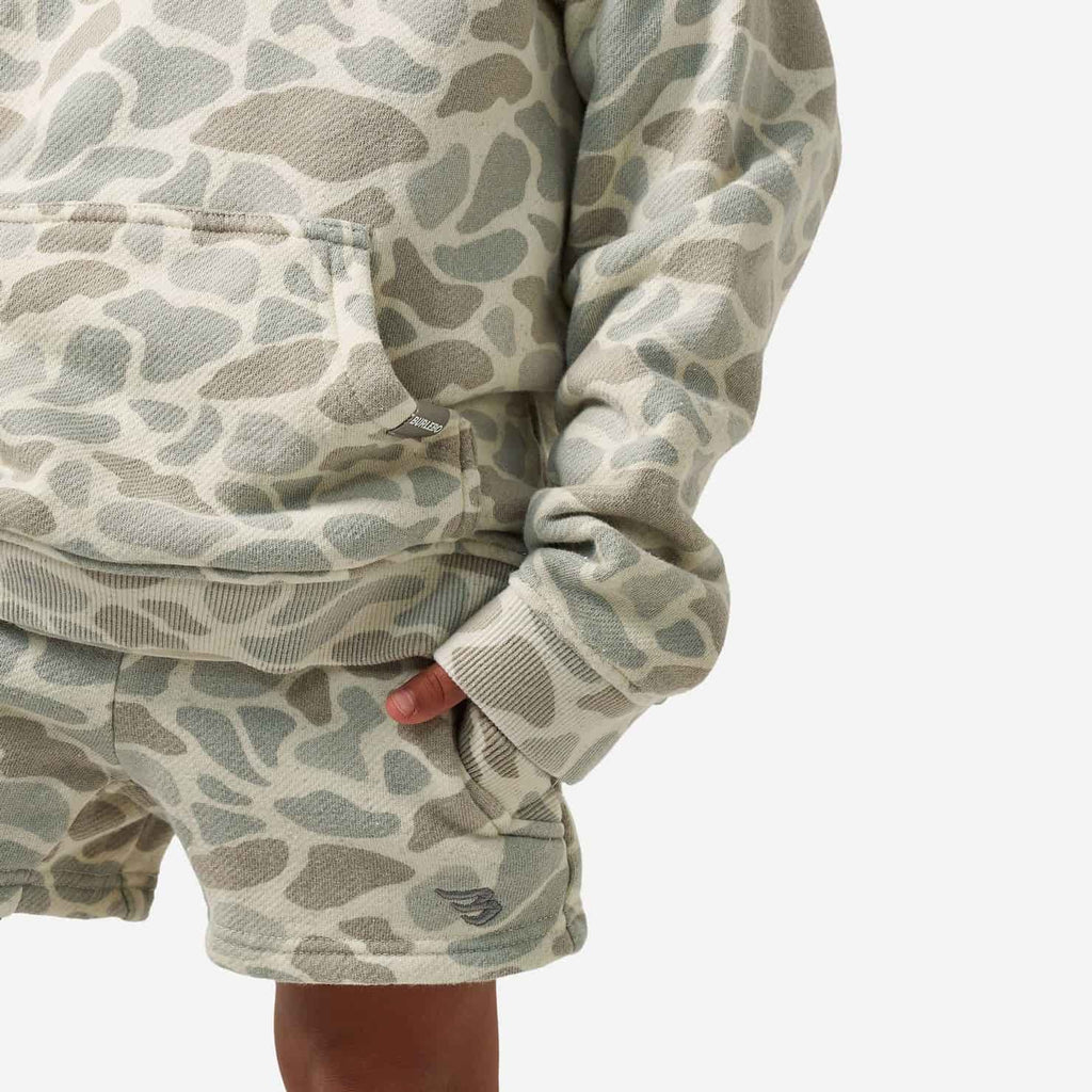 Close-up of Classic Deer Camo hoodie pocket and cuff
