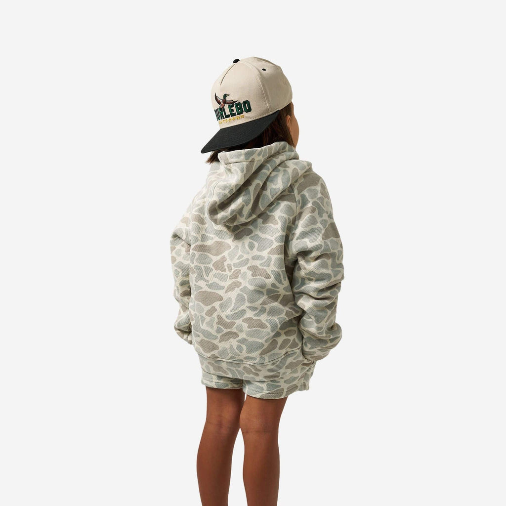 Back view of BURLEBO youth Classic Deer Camo hoodie