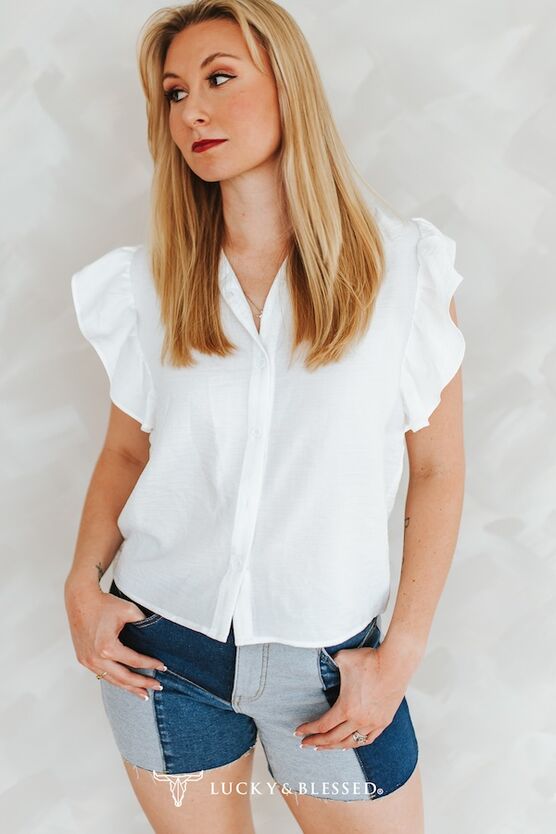 Button Down Ruffle White Top