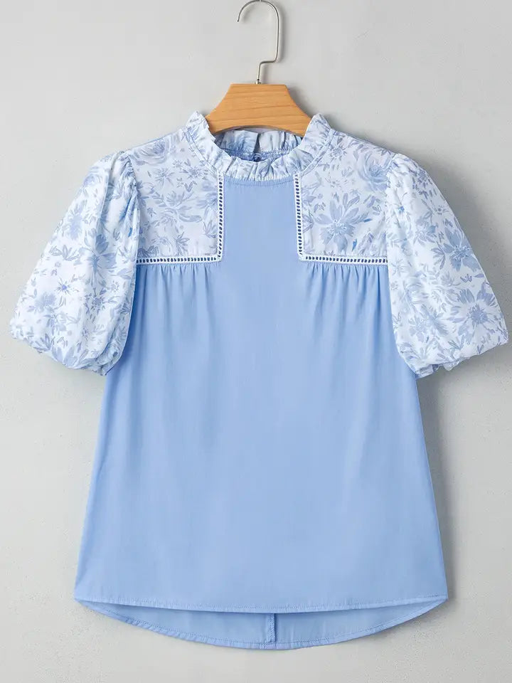 Floral Lace Patchwork Puff Sleeve Blouse