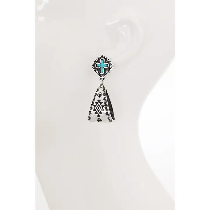 Turquoise Stone Western Cross Drop Earrings