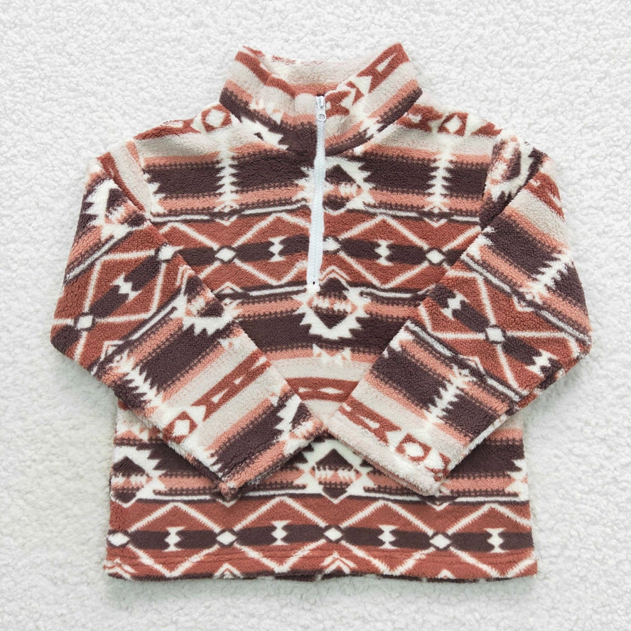 Kids' brown, rust, and cream Aztec sherpa quarter-zip pullover