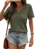 Women V-Neck Casual Waffle Knit Lace Trim Short Sleeve Tee