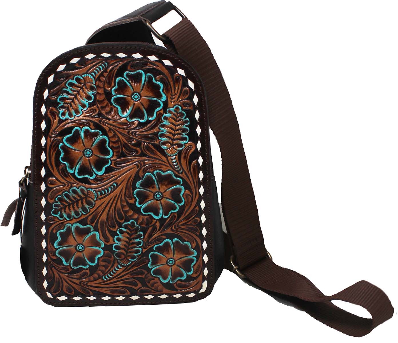 Challenger black pebbled leather crossbody bag with antique turquoise floral tooling