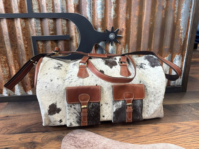 Challenger cowhide and tan leather western weekender duffle bag