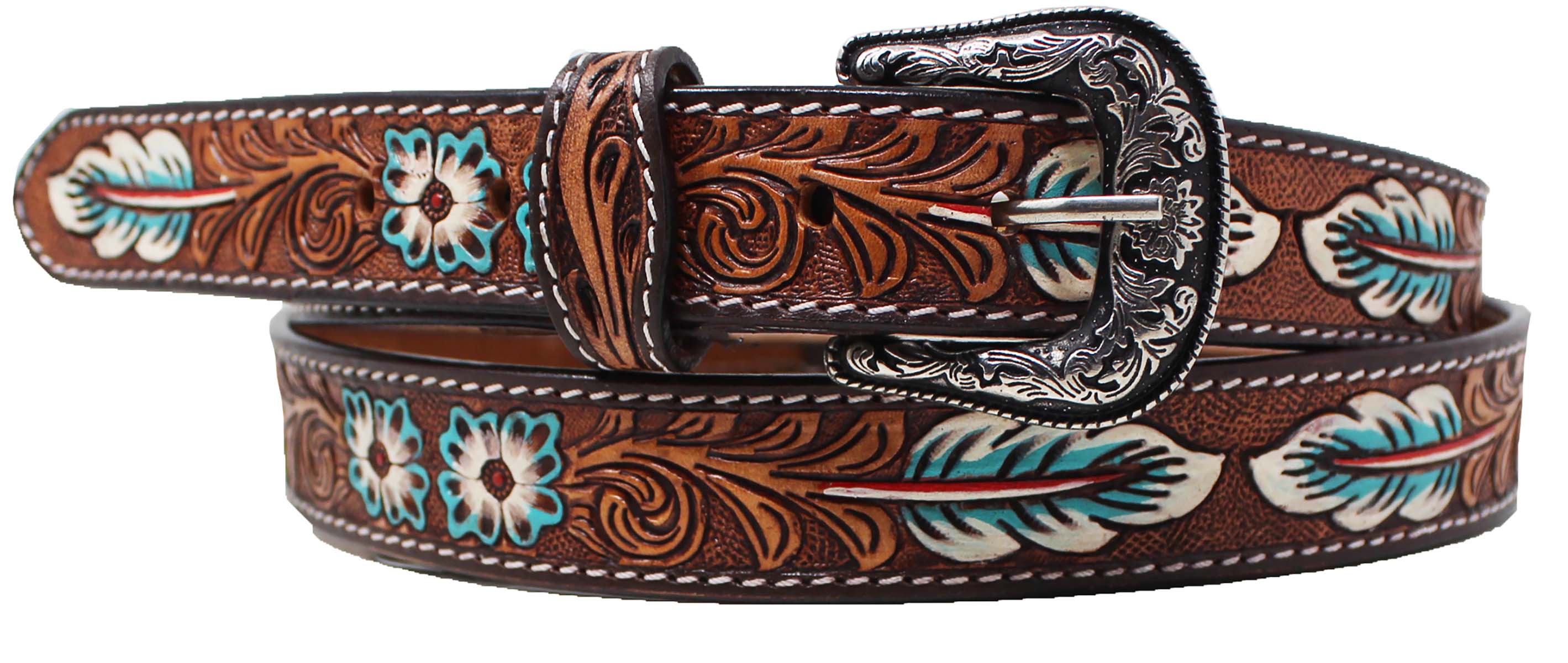 Challenger kids turquoise floral tooled full-grain leather western belt