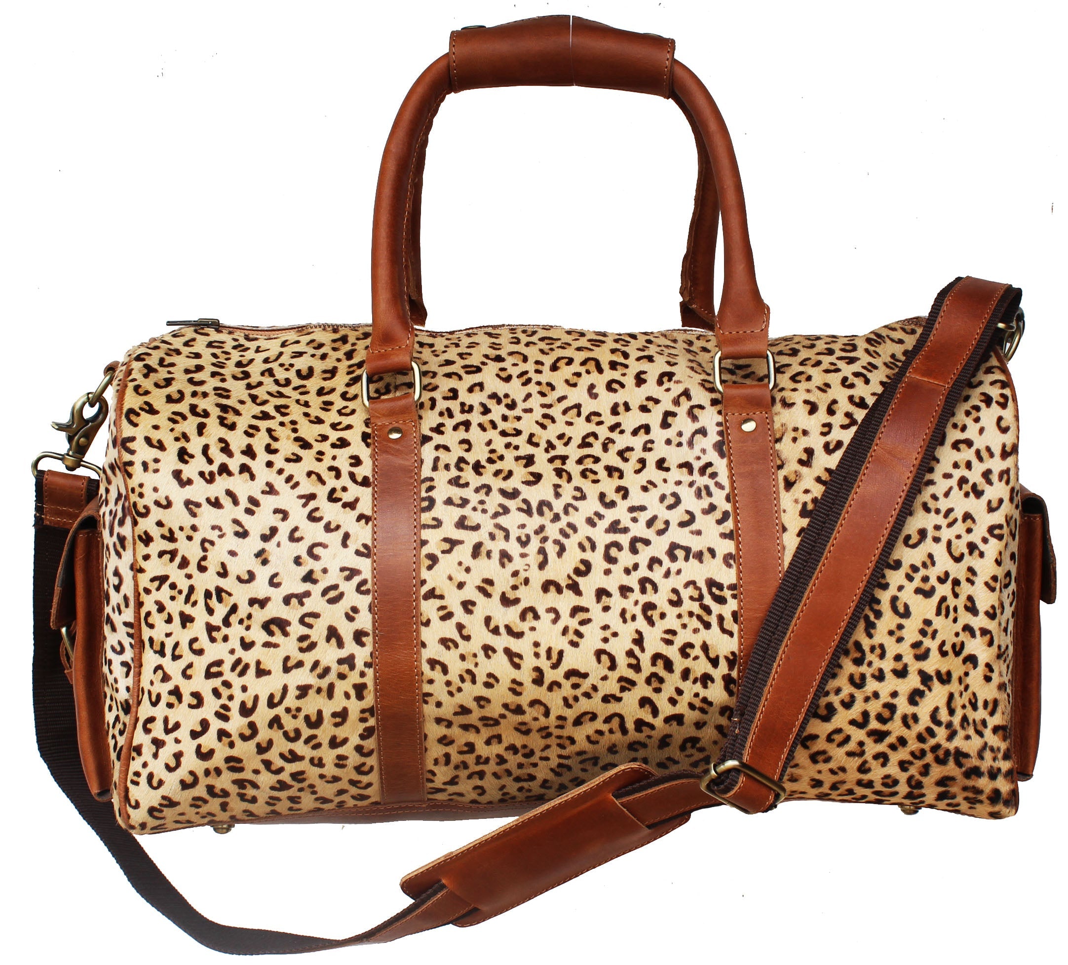 Challenger leopard print woven weekender duffle bag with leather accents