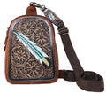 Challenger turquoise feather tooled light brown leather crossbody sling bag
