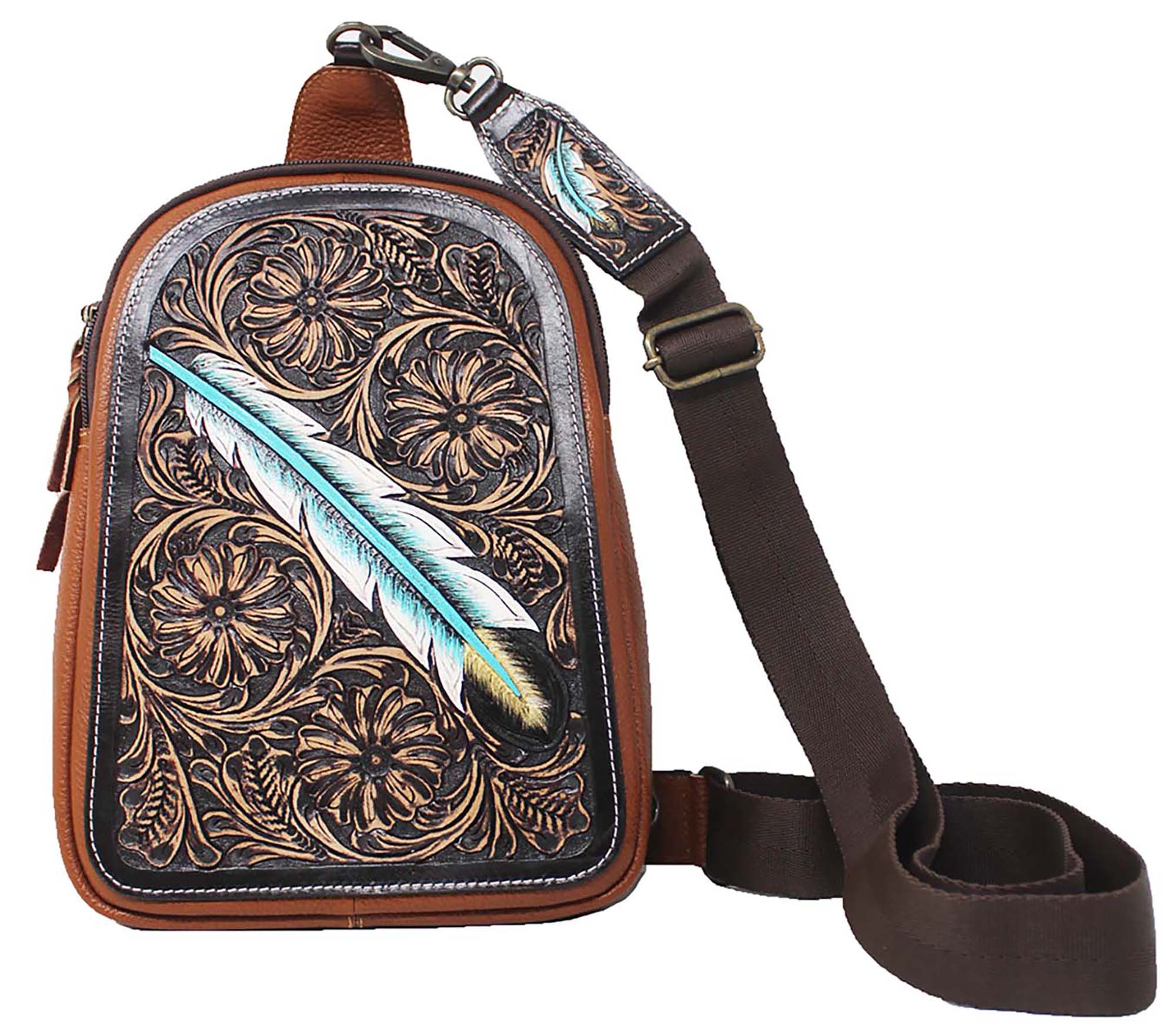 Challenger turquoise feather tooled light brown leather crossbody sling bag