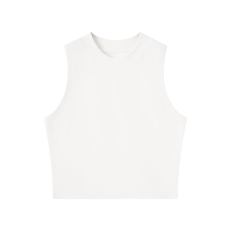 Cotton Blend Fitted High Neck Crop Tank Top - White