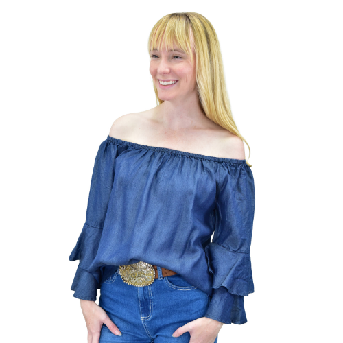 Women's Cowboy Hardware deep blue Tencel double-ruffle three-quarter sleeve top