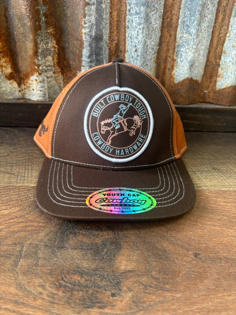 Cowboy Hardware youth Built Cowboy Tough brown and orange bronc rider cap