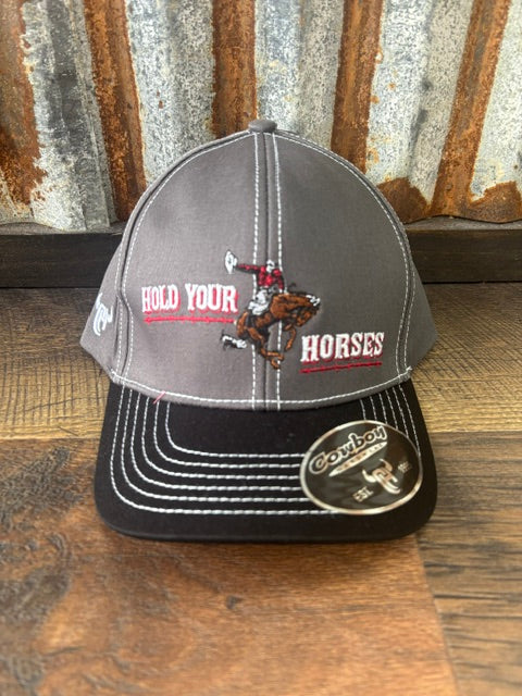Cowboy Hardware youth Hold Your Horses gray and black bucking bronc cap
