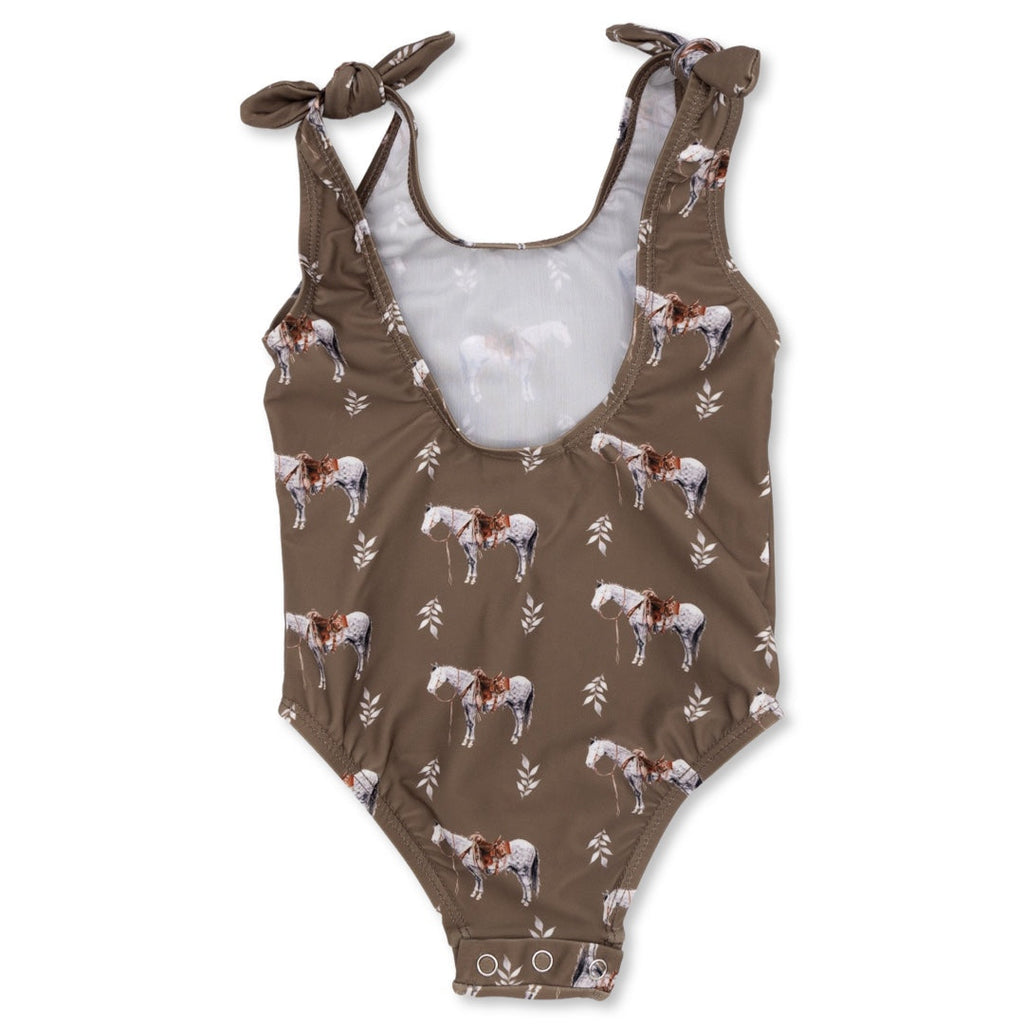 Cowkid Almond Ranch Horse Girls' One-Piece Swimsuit, supplier view 2