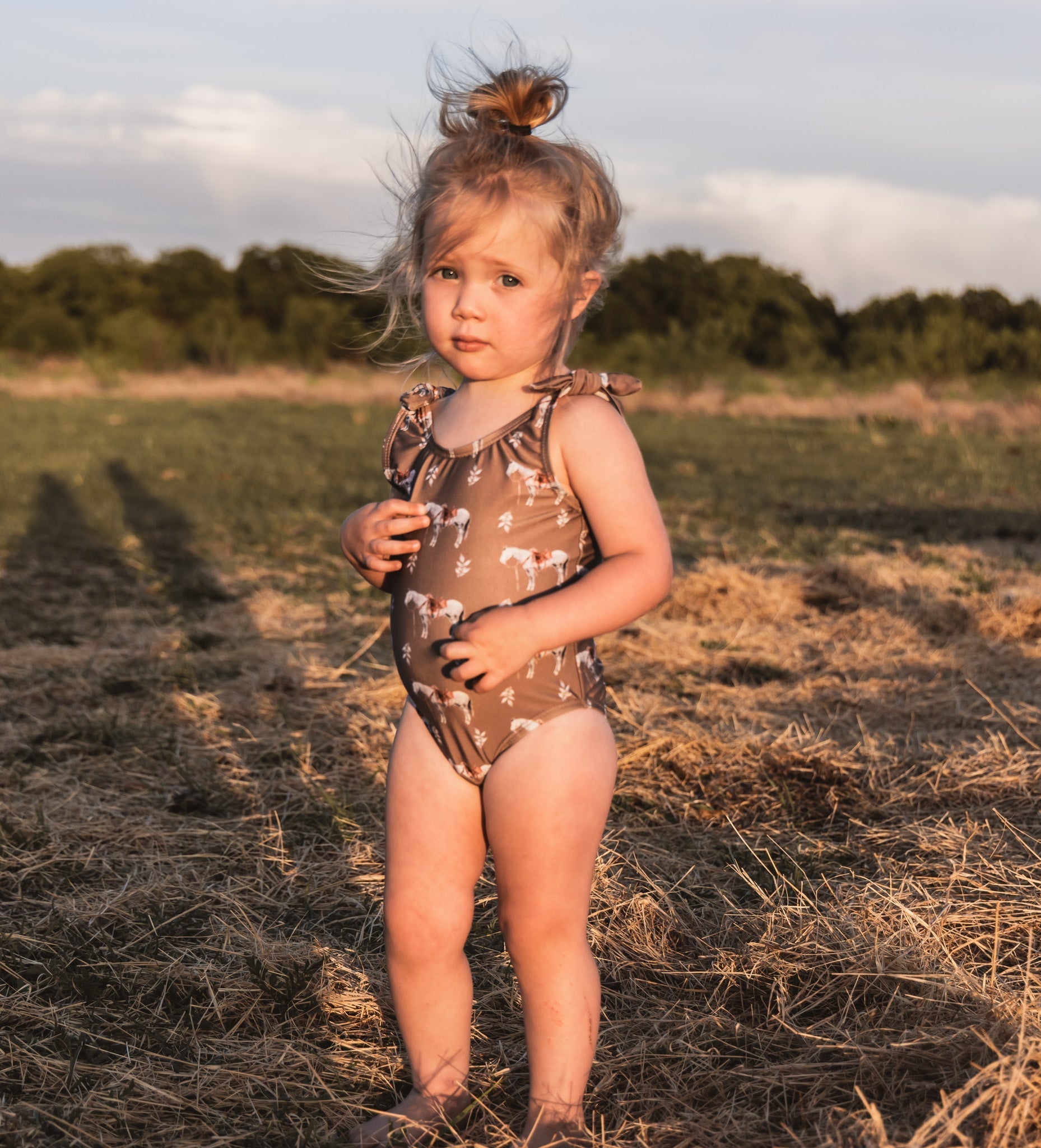 Cowkid Almond Ranch Horse Girls' One-Piece Swimsuit, supplier view 3