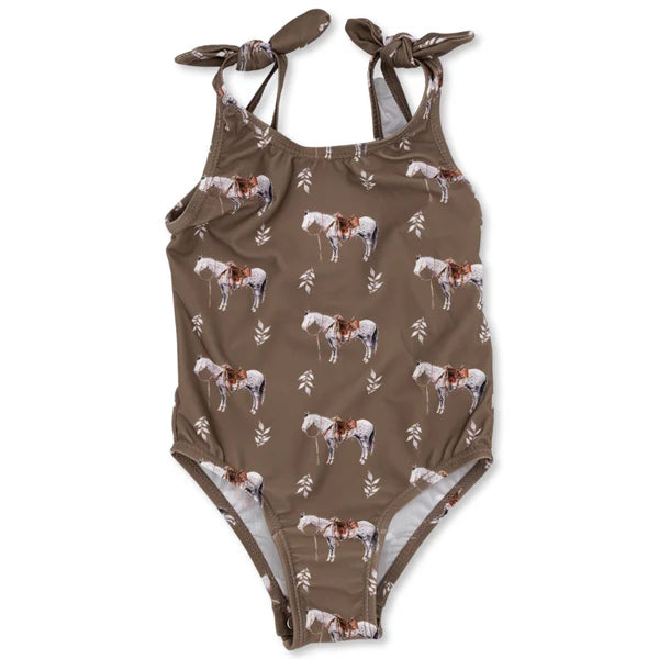 Cowkid Almond Ranch Horse Girls' One-Piece Swimsuit