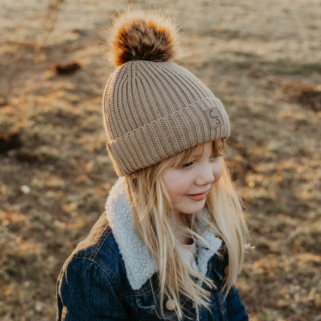 Cowkid Beige Pom Adult Beanie, supplier view 3