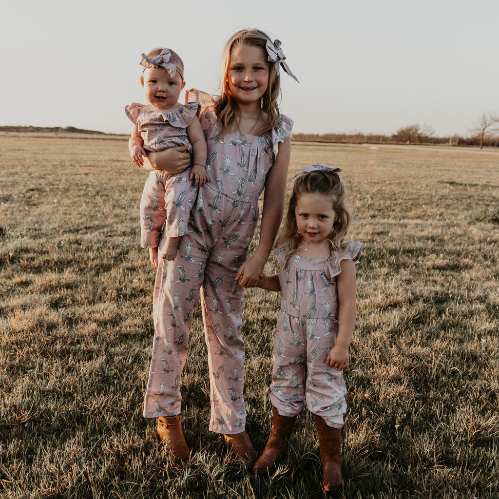 Cowkid Dusty Rose Boots Cotton Linen Romper / Matching Bow, supplier view 3