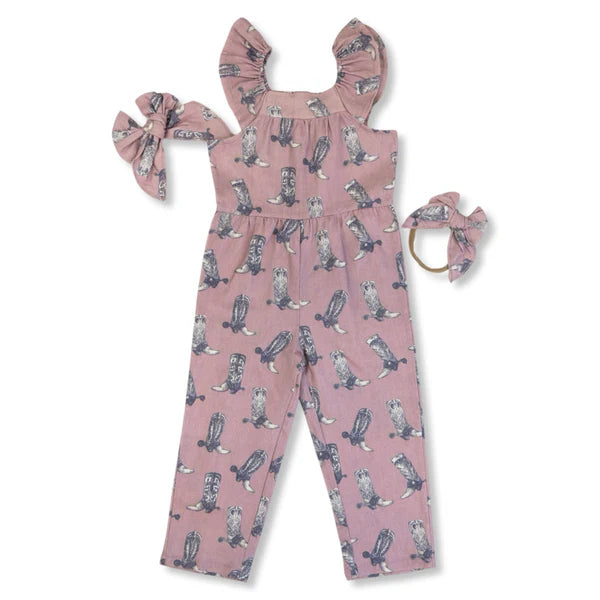 Cowkid Dusty Rose Boots Cotton Linen Romper / Matching Bow