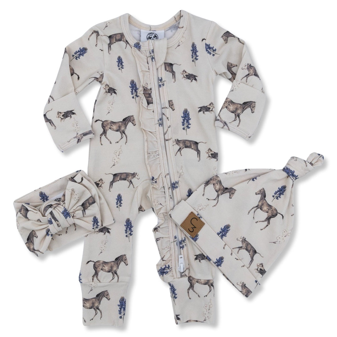 Cowkid Spring on the Ranch Ruffled Folding Feet Jammies, supplier view 2