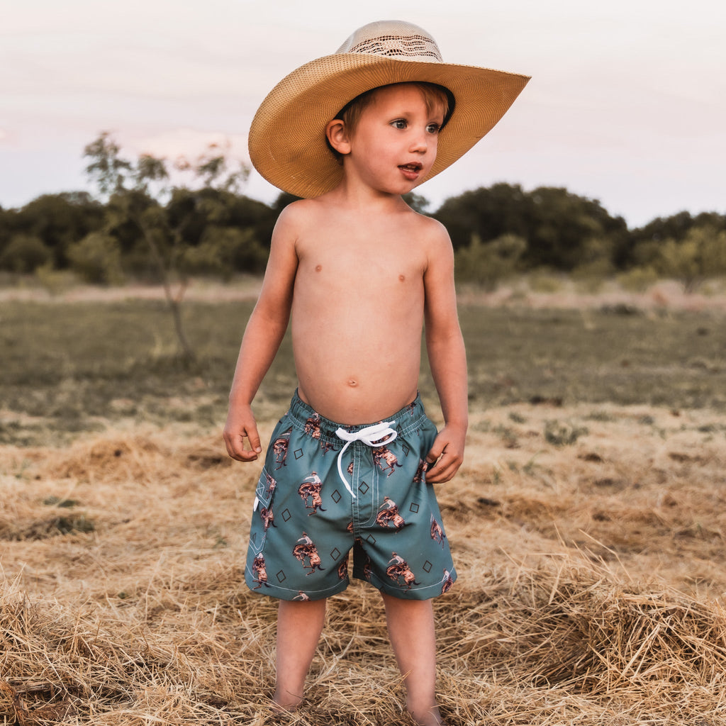 Cowkid Teal Bronc Swim Trunks, supplier view 2