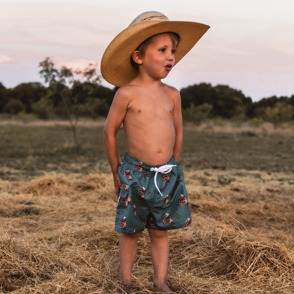 Cowkid Teal Bronc Swim Trunks, supplier view 3