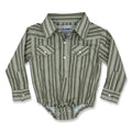 Cowkid Vintage Green Stripe Long Sleeve Pearl Snap Onesie