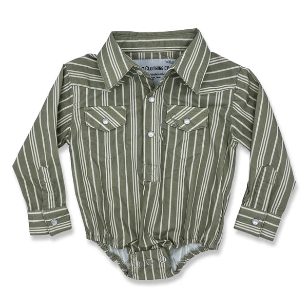 Cowkid Vintage Green Stripe Long Sleeve Pearl Snap Onesie