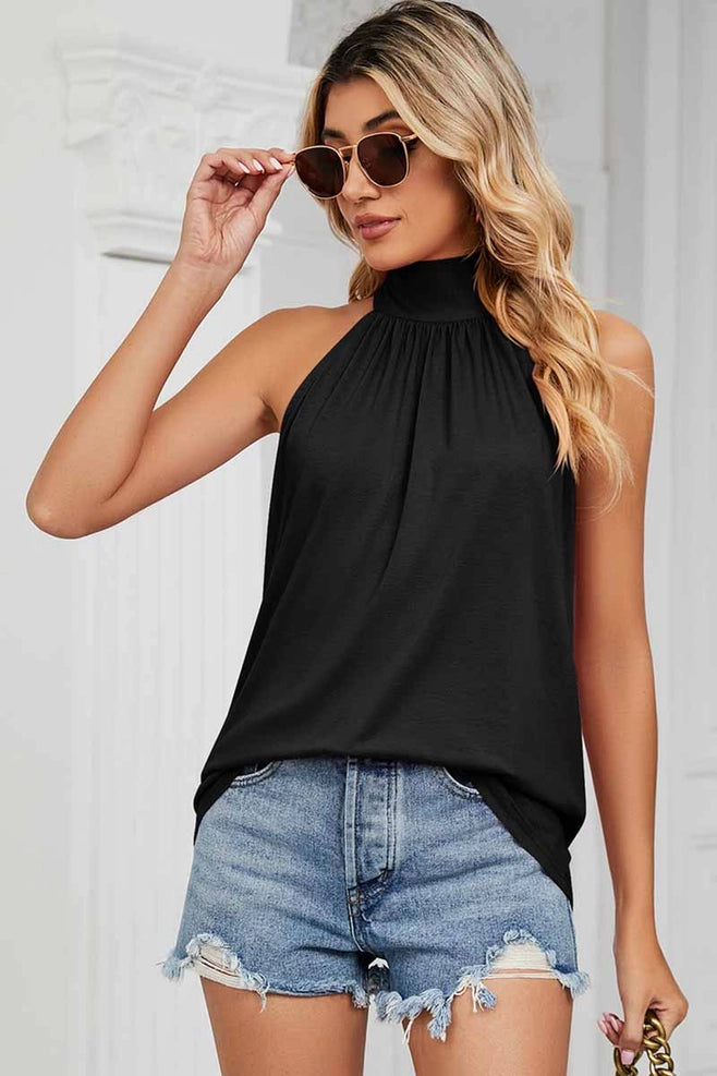 Pleated Halter Neck Loose Tunic Shirt Black