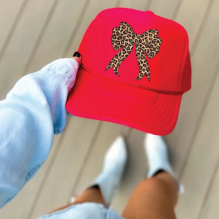 Leopard Bow On Red Foam Trucker Hat
